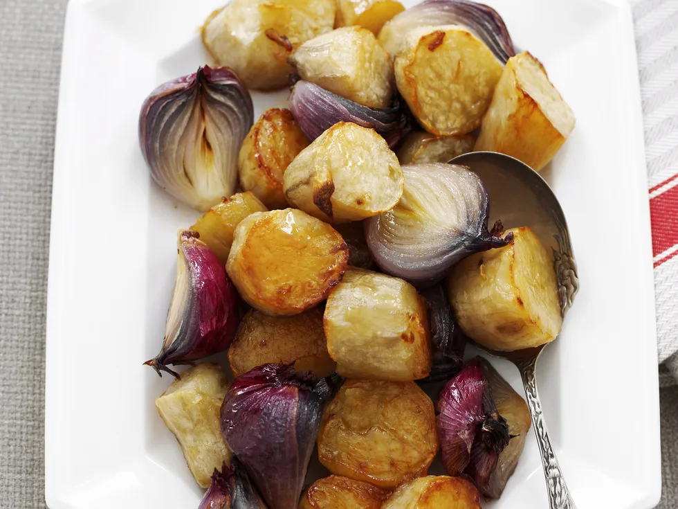 Maple-glazed sweet potato and red onions