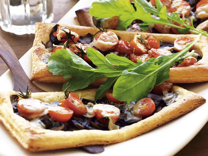 Mushroom, tomato and parmesan tarts