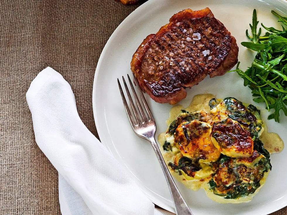 new york steak with potato and spinach dauphinoise
