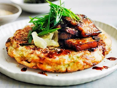 Okonomiyaki with sticky soy pork belly