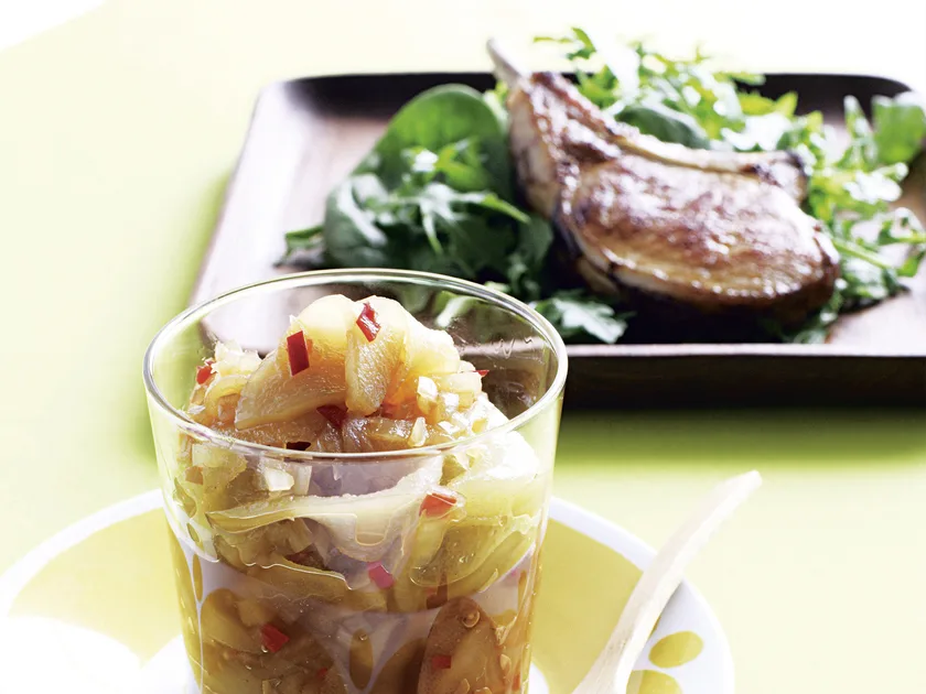Pear chutney with char-grilled pork cutlet