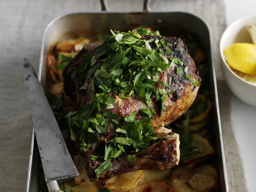 Roast lamb with mustard and herbs
