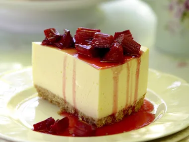 Summer Lemon Cheesecake with Sticky Rhubarb Topping