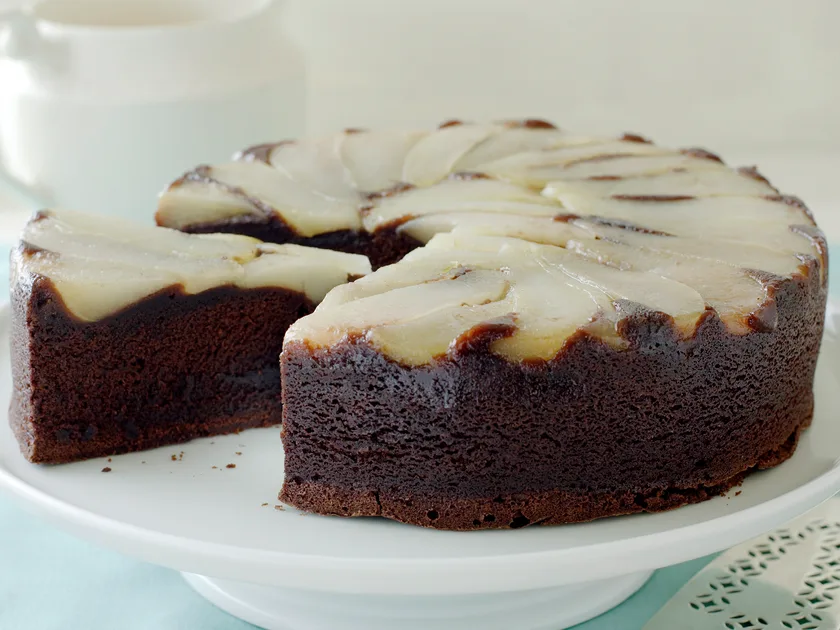 Upside-down pear and chocolate cake