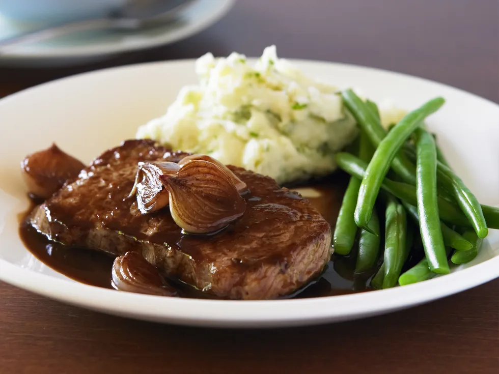 Steaks with red wine shallot sauce