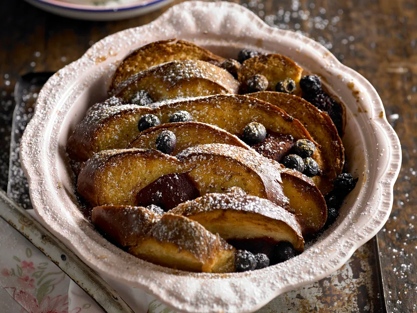 Baked plum and blueberry brioche with cinnamon and nutmeg recipe