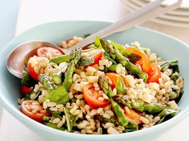 Barley salad with grilled asparagus tomatoes and parmesan