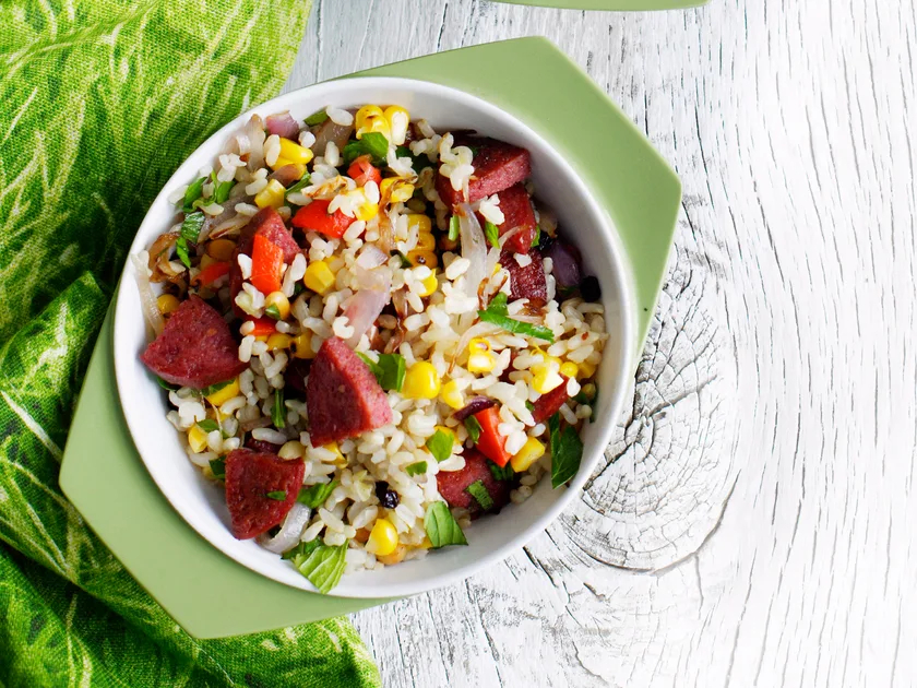 Brown rice and salami salad