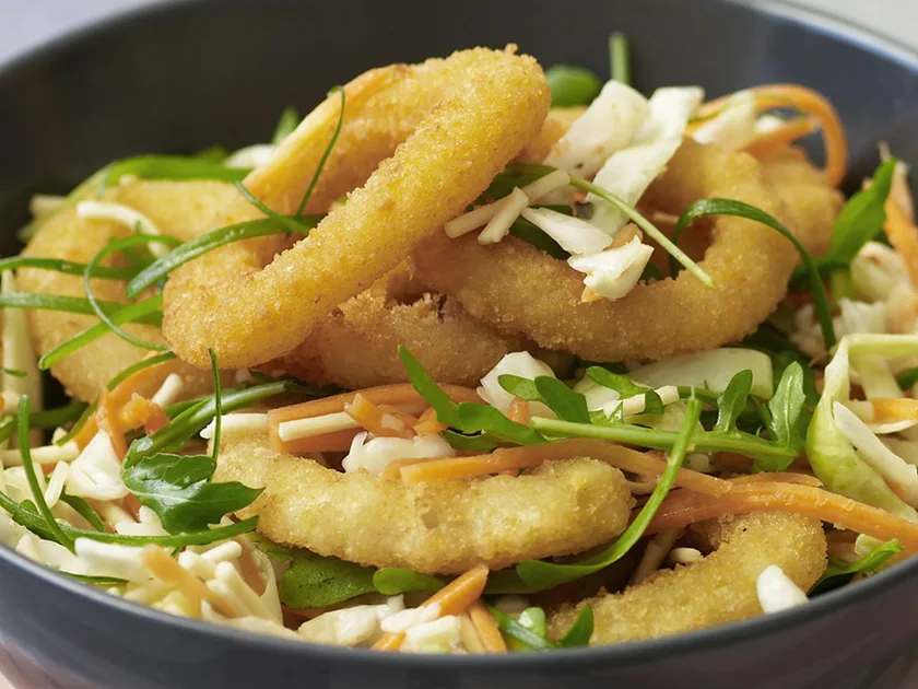 Calamari with crunchy noodle coleslaw