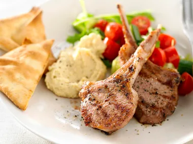 char-grilled lamb cutlets with hummus