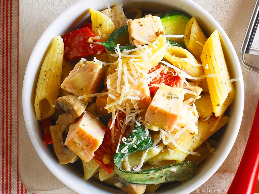 Char-grilled vegetables and turkey pasta