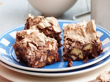 Chocolate fruit and nut slice with macaroon topping