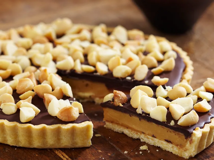 Chocolate, caramel and macadamia tart