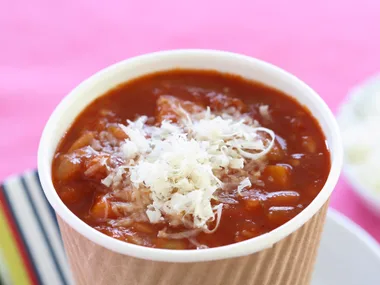 Chunky vegetable, ham, bean and pasta soup