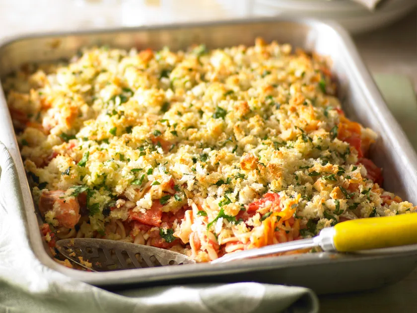 Crusty salmon and tomato pasta bake
