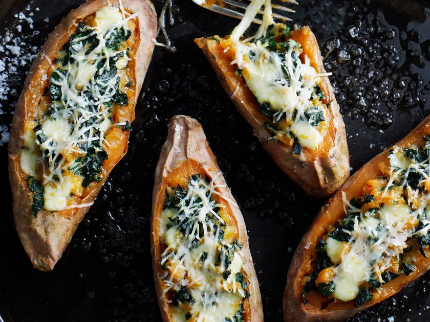 Kumara baked with silverbeet and mozzarella
