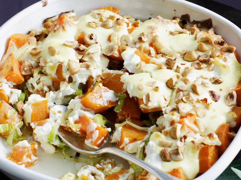 Kumara gratin with goat's cheese and hazelnuts