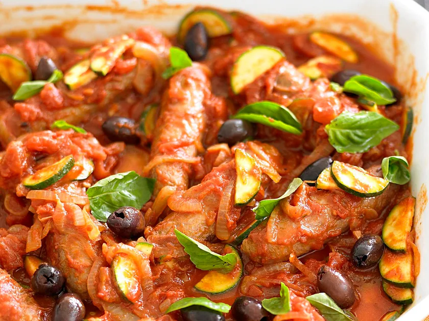 Mediterranean baked chipolata sausages recipe