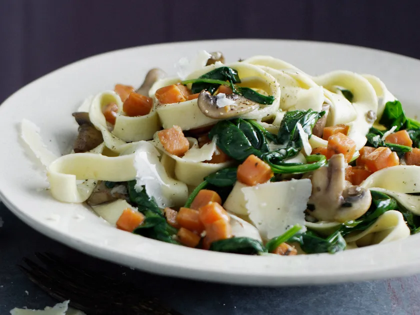 Pappadelle with kumara, mushroom and spinach