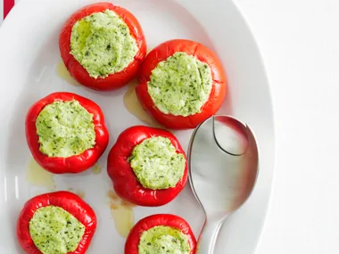 pesto-filled roasted capsicums and tomatoes