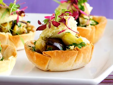 roast eggplant and garlic salad in filo cups