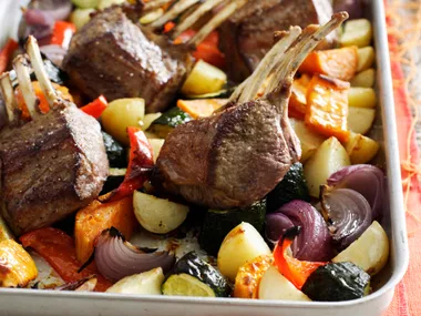 roasted lamb rack and vegetables