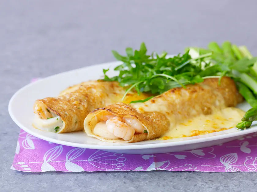 Savoury seafood mornay crpes recipe