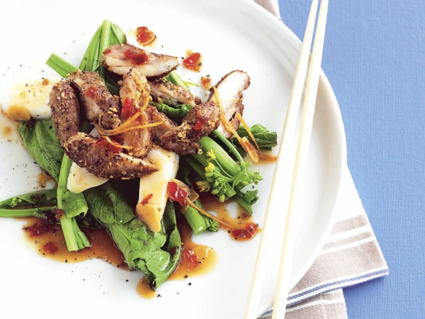 Sichuan chicken with choy sum and rice noodles