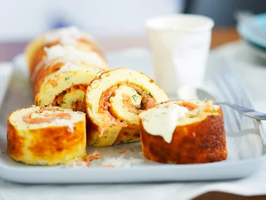 smoked salmon roulade with caper creme fraiche