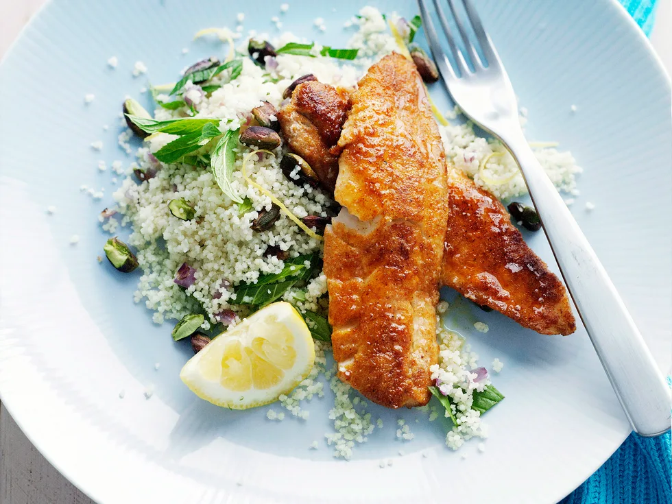 Spiced fish with lemon pistachio couscous