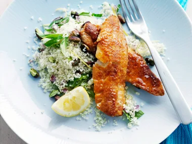Spiced fish with lemon pistachio couscous
