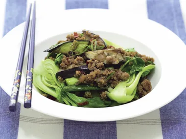 Spicy pork and eggplant with pak choy