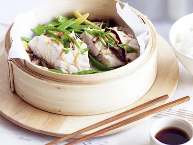 Steamed Fish with Mushrooms and Soy Dressing