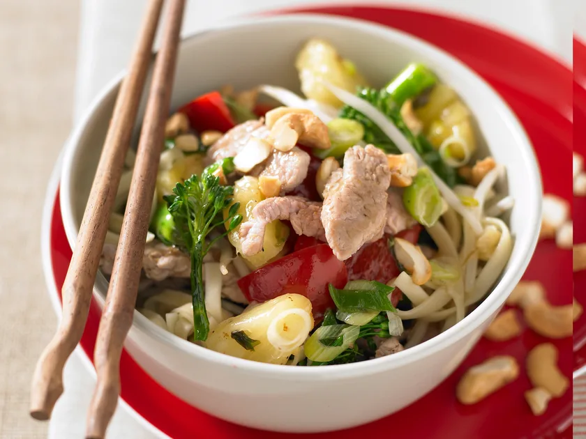 Sweet and sour pork with noodles