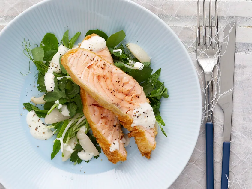 Tempura salmon and lychee salad