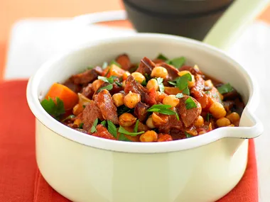 tomato, chorizo and sweet potato hotpot