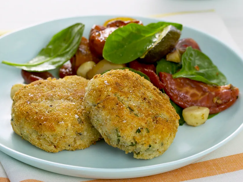 Roast vegetable salad with turkey and butter bean patties recipe