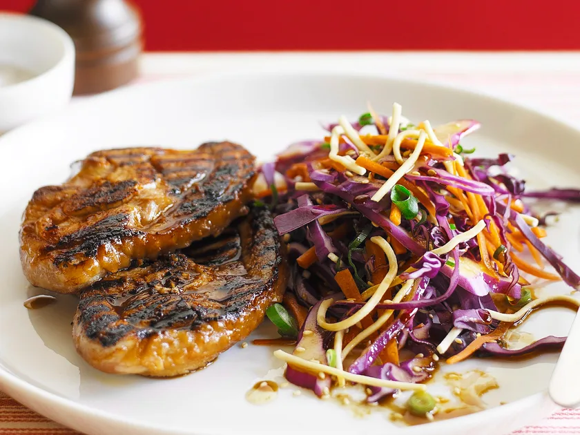 Yakitori turkey chops with asian slaw
