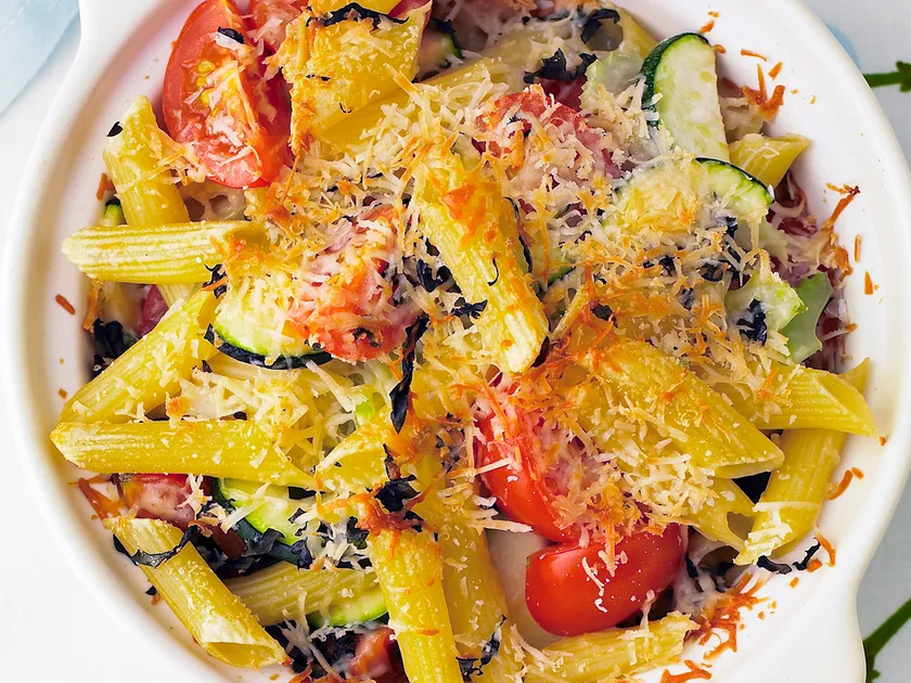 Zucchini, tomato and basil pasta bake