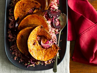 Balsamic-roasted pumpkin with beetroot quinoa
