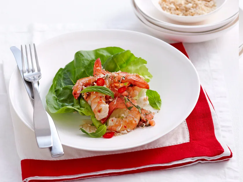 Garlic chilli prawns with ruby grapefruit salsa recipe