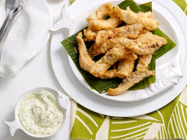 Coconut-battered fish with kumara wedges and tartare sauce