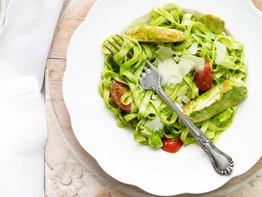 Fettuccine with chicken and coriander pesto