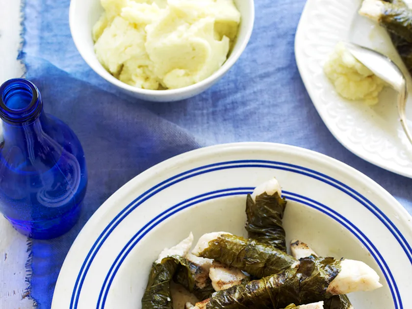 Flathead in vine leaves with skordalia