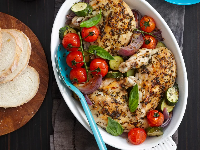 Garlic-roasted chicken and vegie one-pot