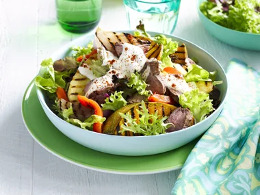 Garlic lamb, potato and pumpkin salad with lemon yoghurt