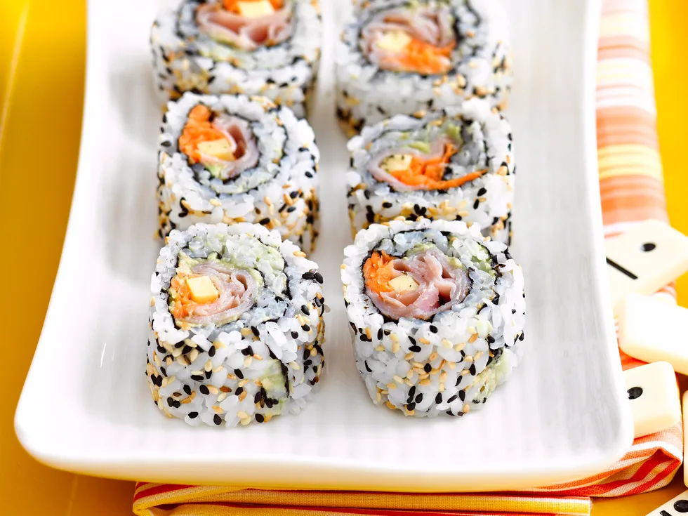 Ham, cheese and avocado sushi rolls