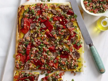 Lamb, spicy hummus and tabouli pizza