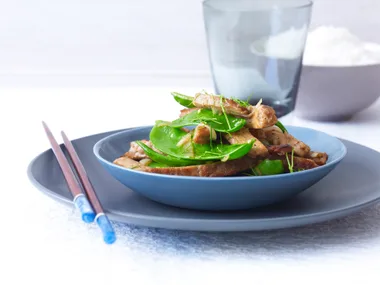 lemongrass and chilli tempeh with snow peas