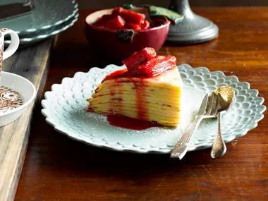 Orange curd crepe cake with rhubarb compote